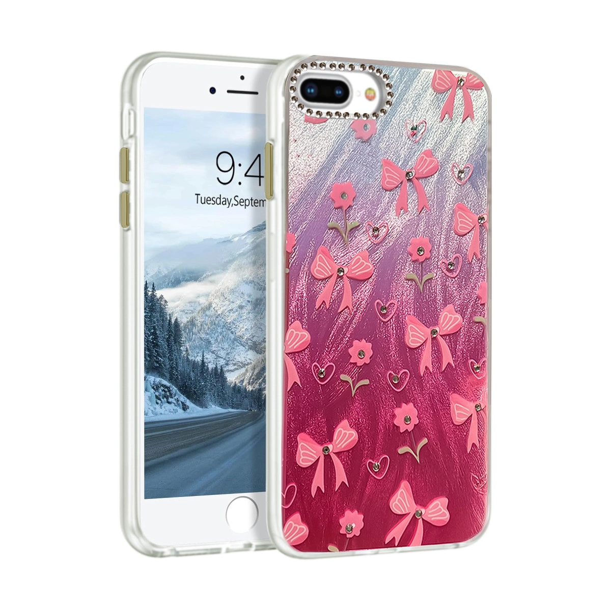 Pembe fiyonklar ve çiçekler içeren kılıflı bir iPhone, beyaz arka plan.