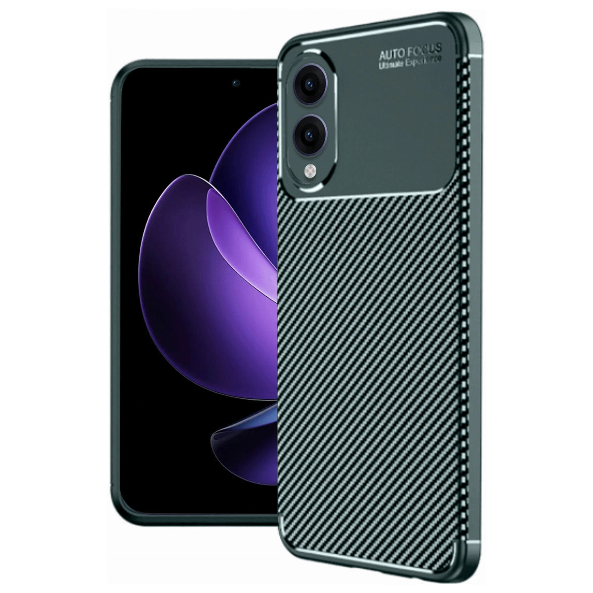Karbon desenli kılıf ve çift kameralı akıllı telefon.