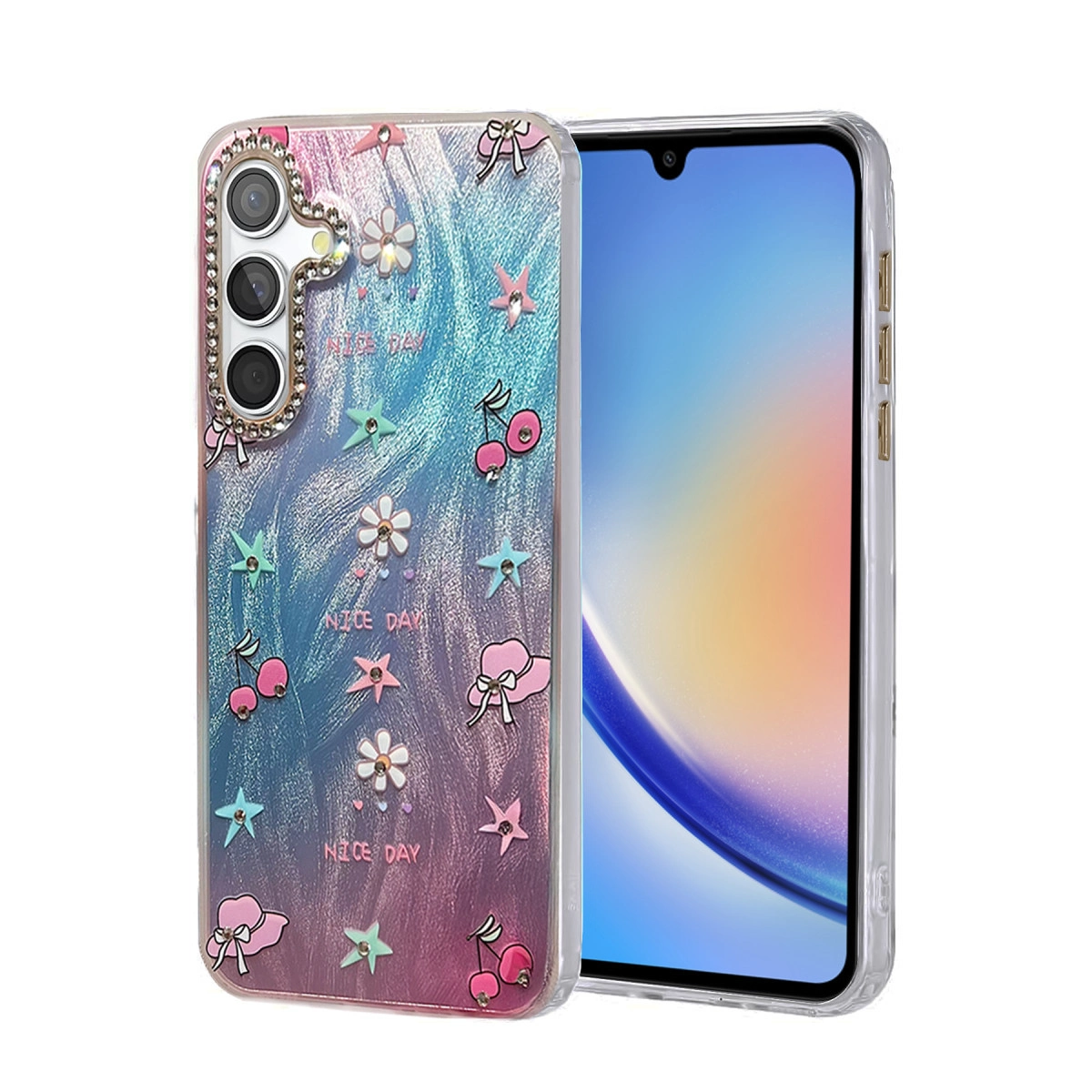 Yıldızlar, kirazlar, çiçekler ve şapkalarla renkli telefon kılıfı.