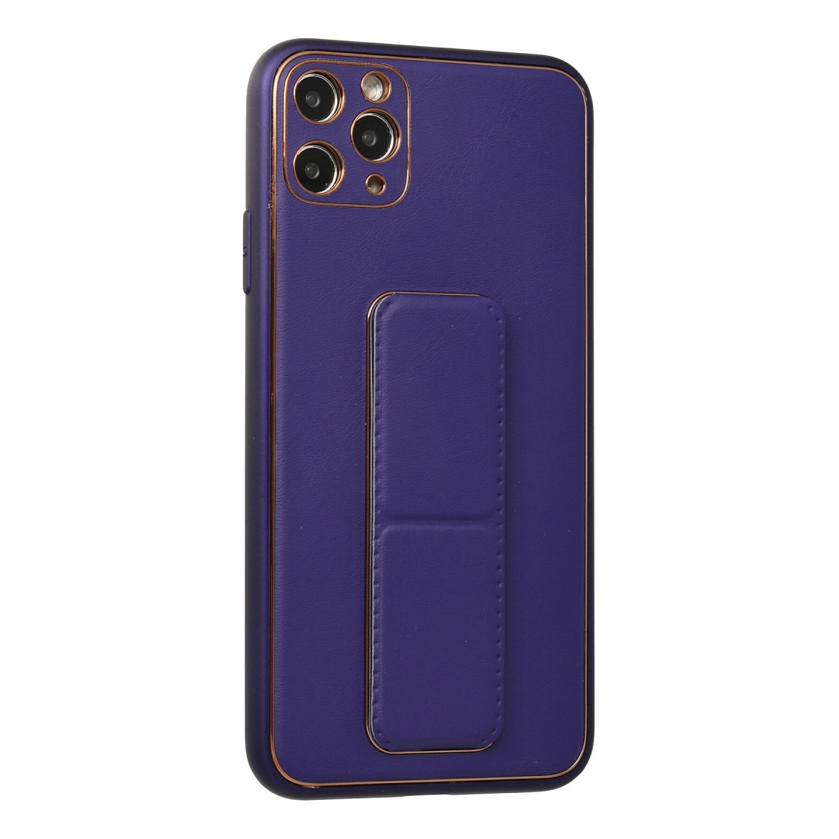 Üç kameralı ve stantlı mor telefon kılıfı.