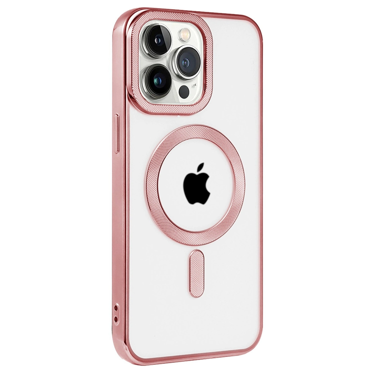 Rose altın çerçeveli ve Apple logolu şeffaf kılıf.