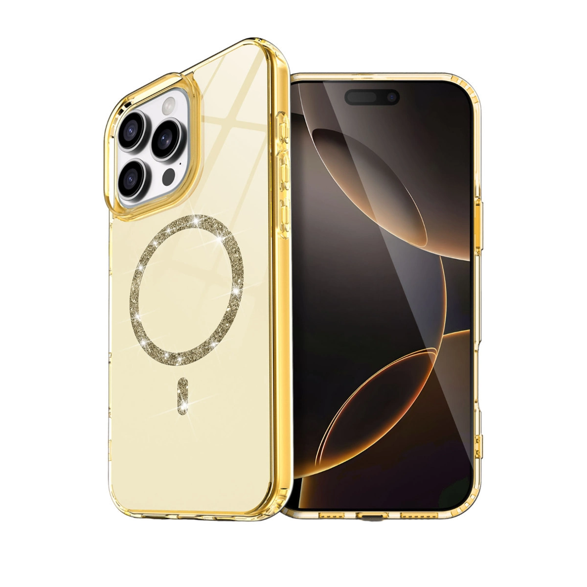 Simli altın rengi şeffaf telefon kılıfı ve iPhone.