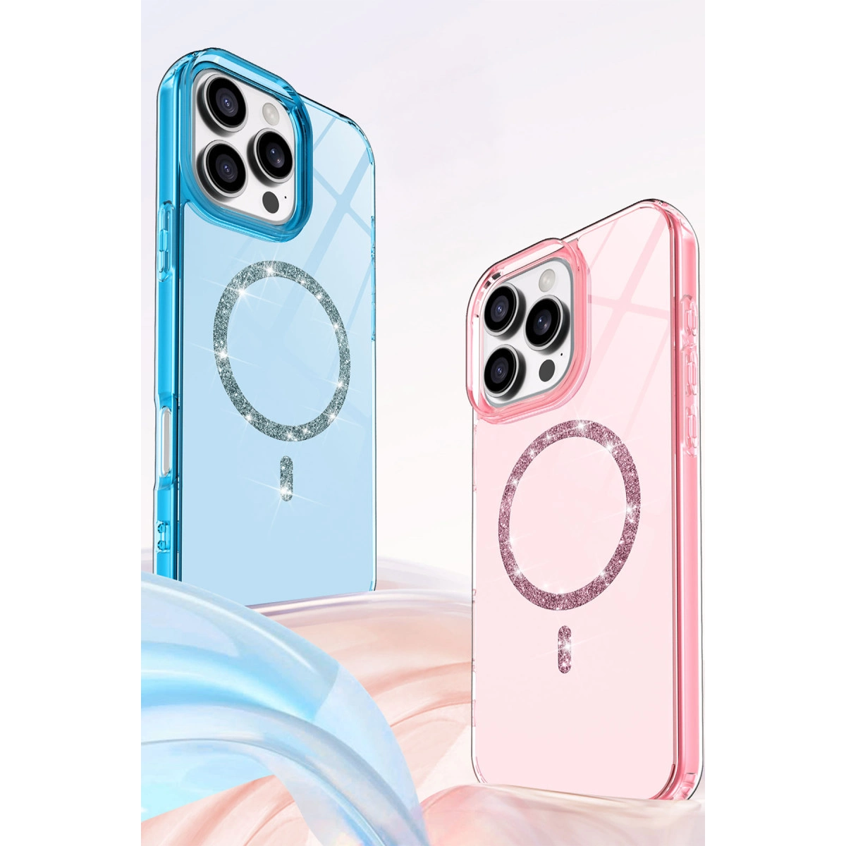 Simli halkalı iki şeffaf telefon kılıfı, mavi ve pembe.