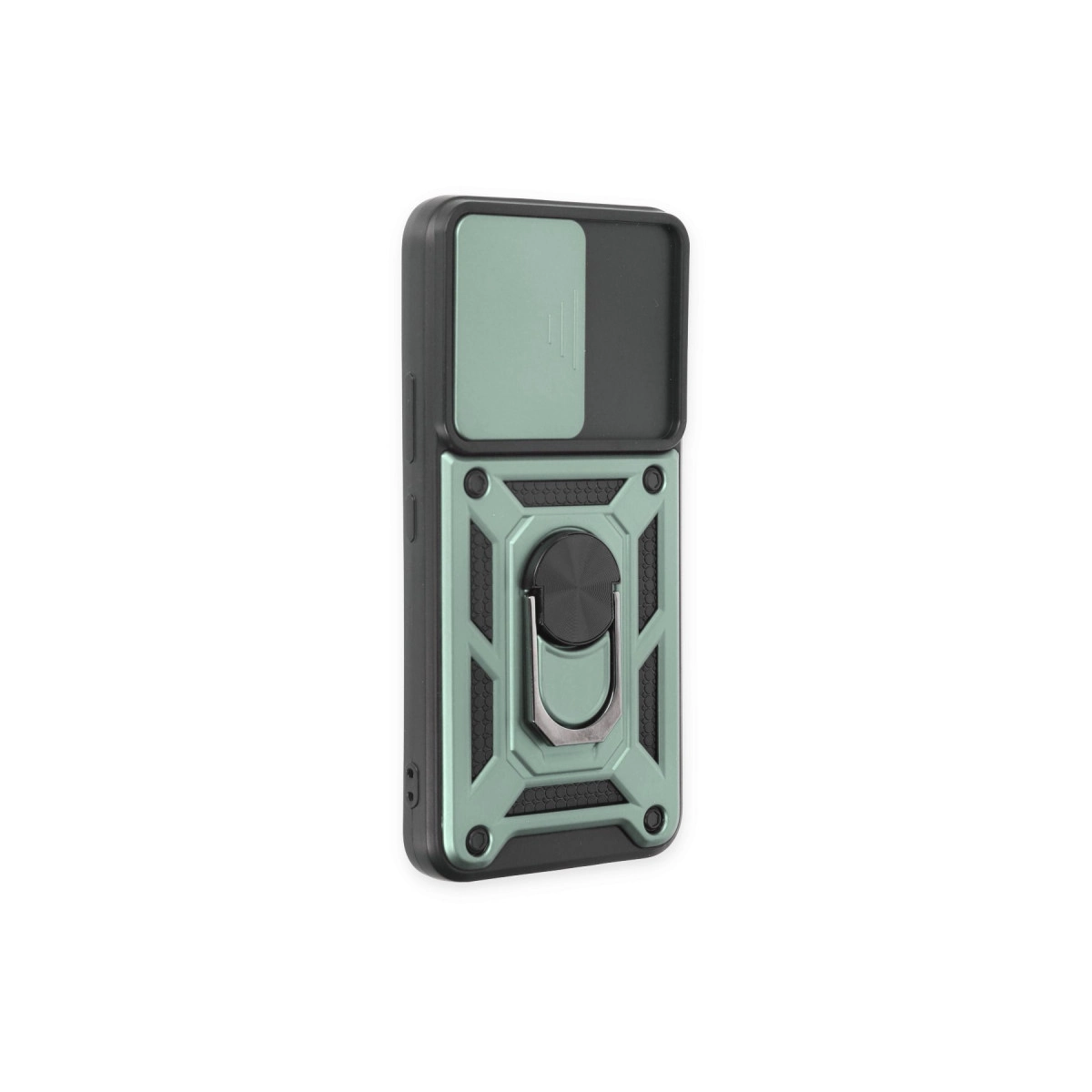 Halka tutuculu ve kayar kapaklı yeşil telefon kılıfı.