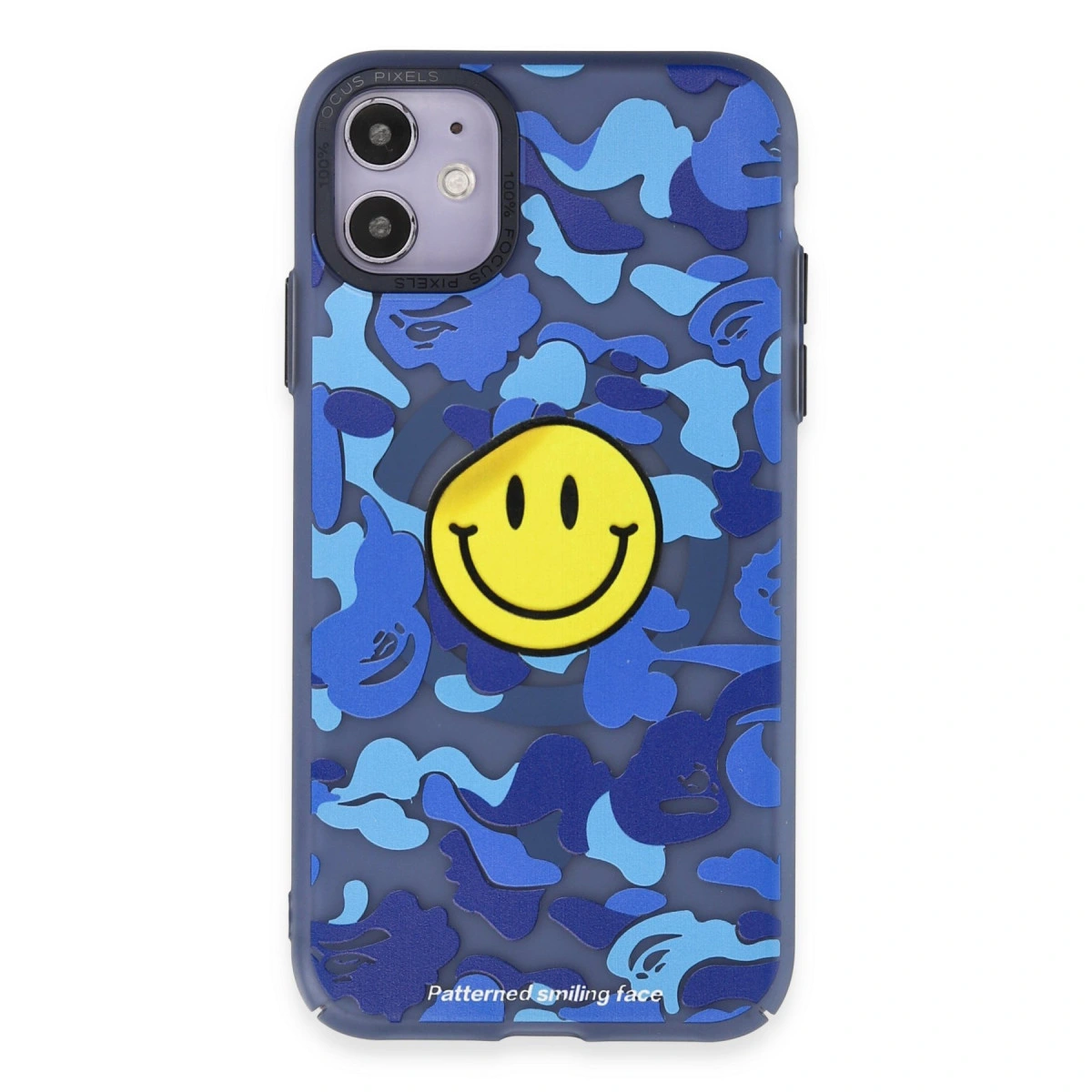 Mavi kamuflaj desenli ve sarı gülen yüzlü iPhone kılıfı.