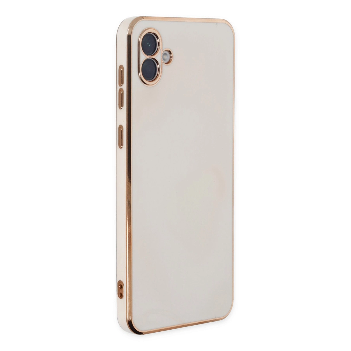 Altın çerçeveli ve kamera lensli beyaz telefon kılıfı.