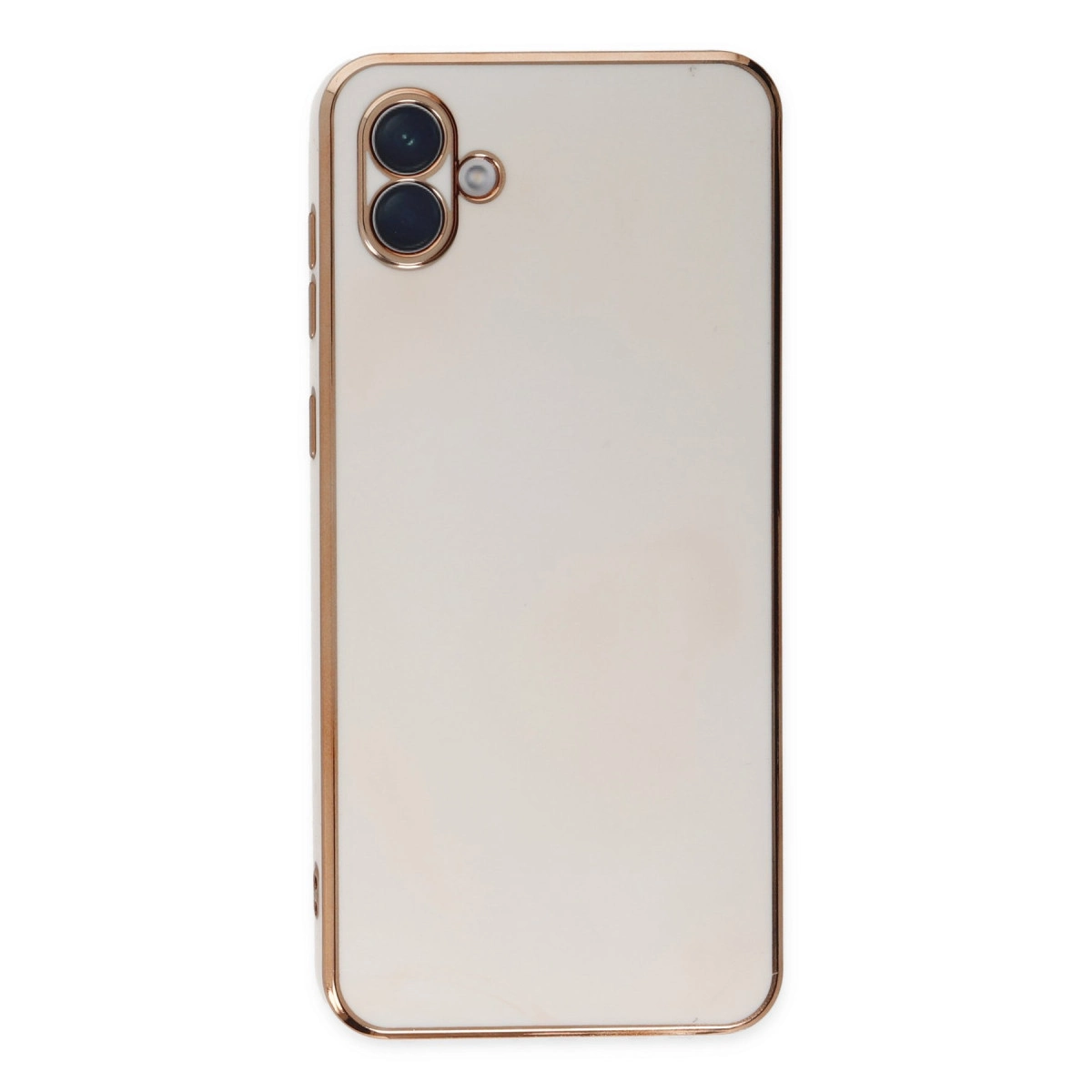 Krem rengi akıllı telefonun arkası, iki kamera ve rose gold çerçeveli.