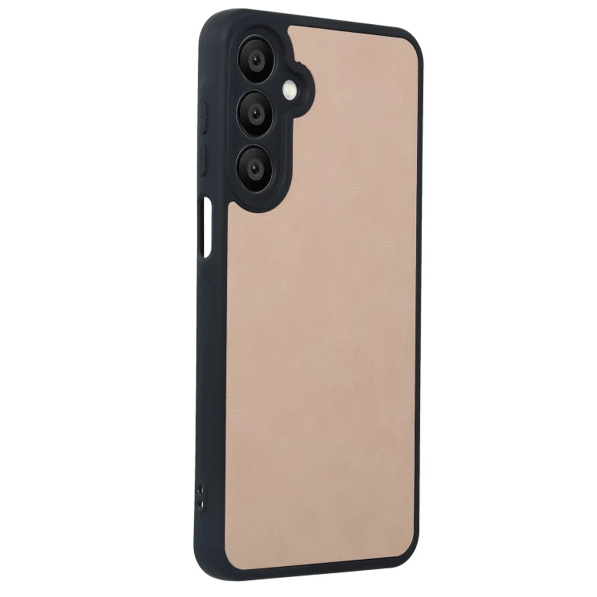 Üçlü kamera sistemli ve açık bej arka panelli telefon kılıfı.