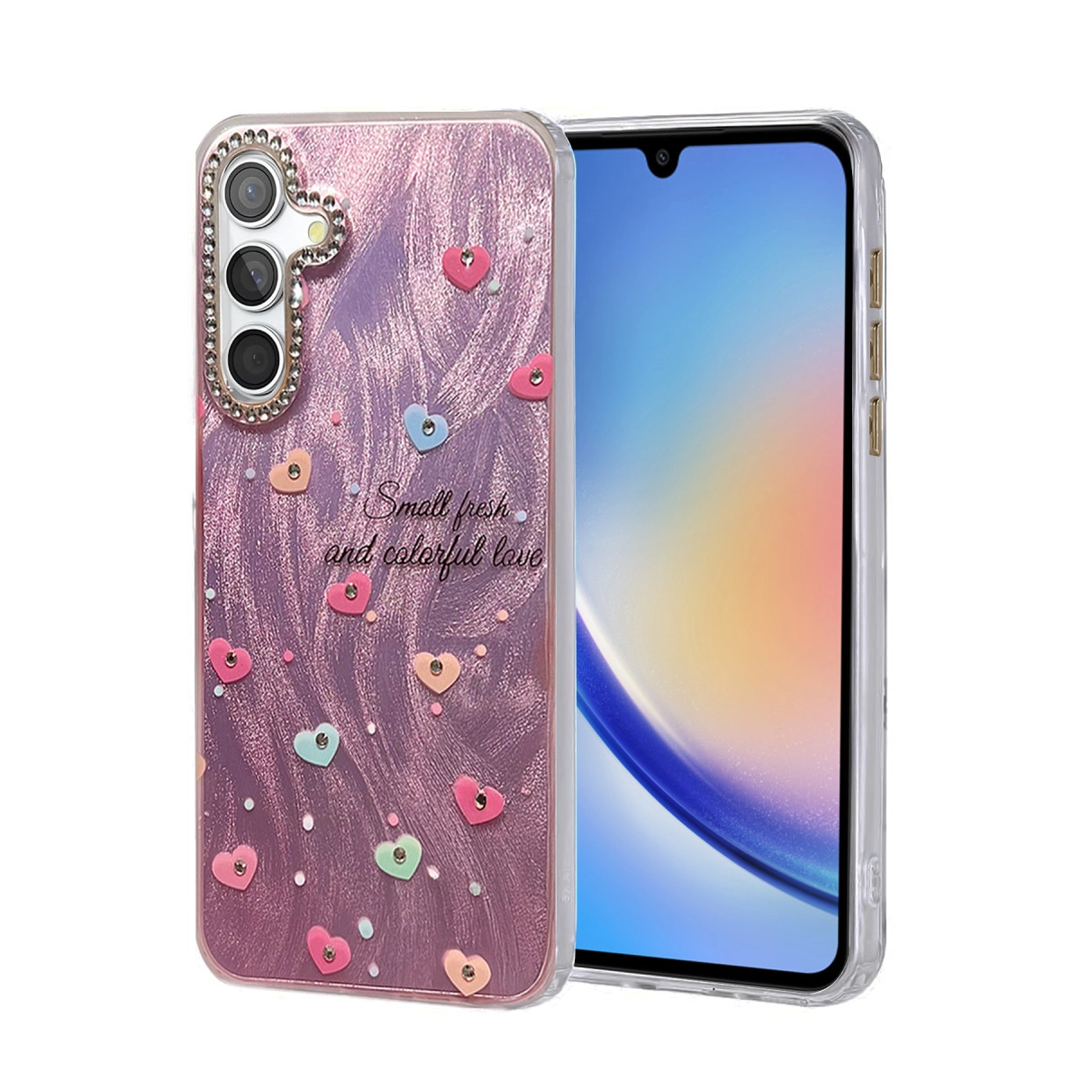 Kalpli ve simli mor telefon kılıfı, akıllı telefonun yanında.