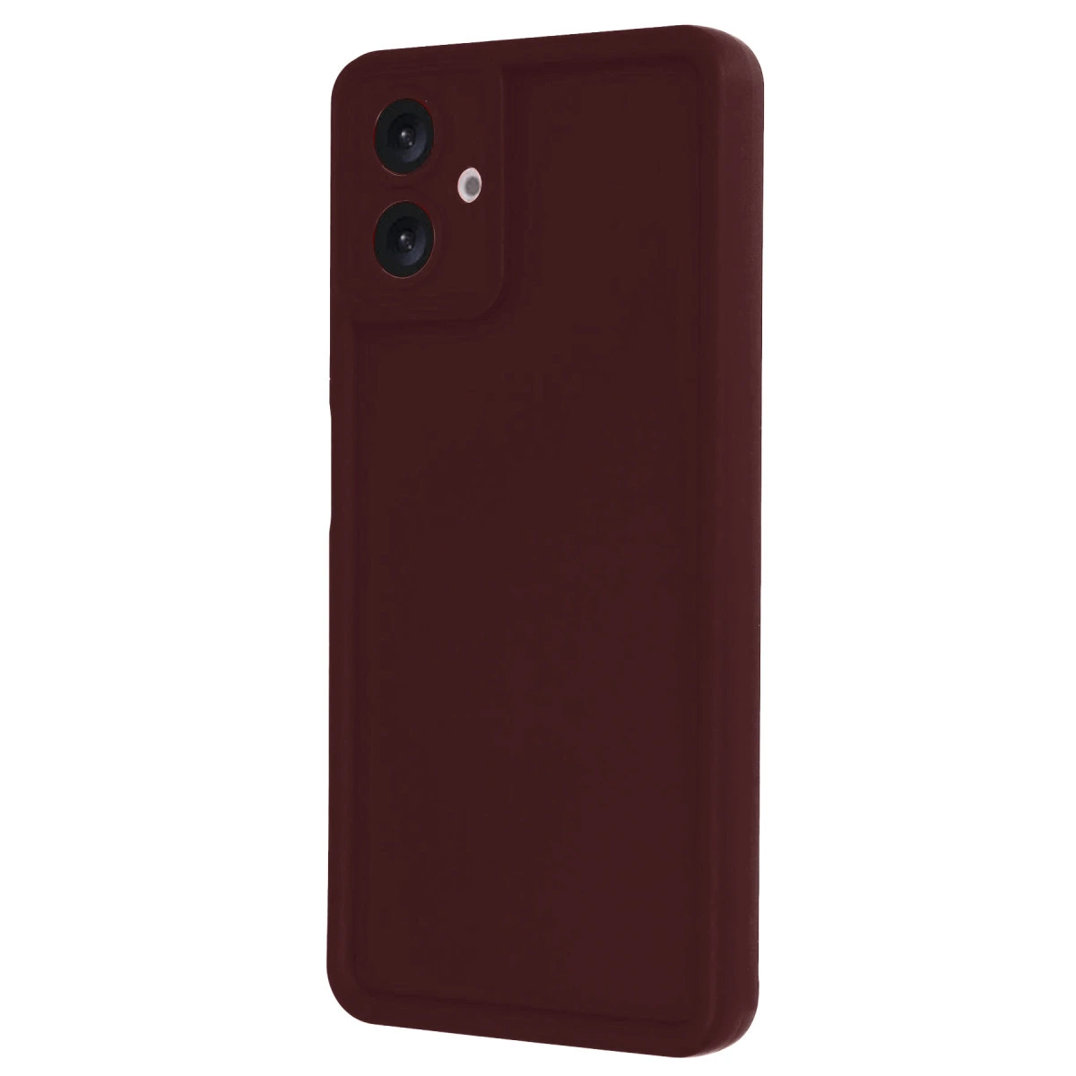 Beyaz arka plan üzerinde iki kamera ve flaşa sahip koyu kırmızı telefon kılıfı.