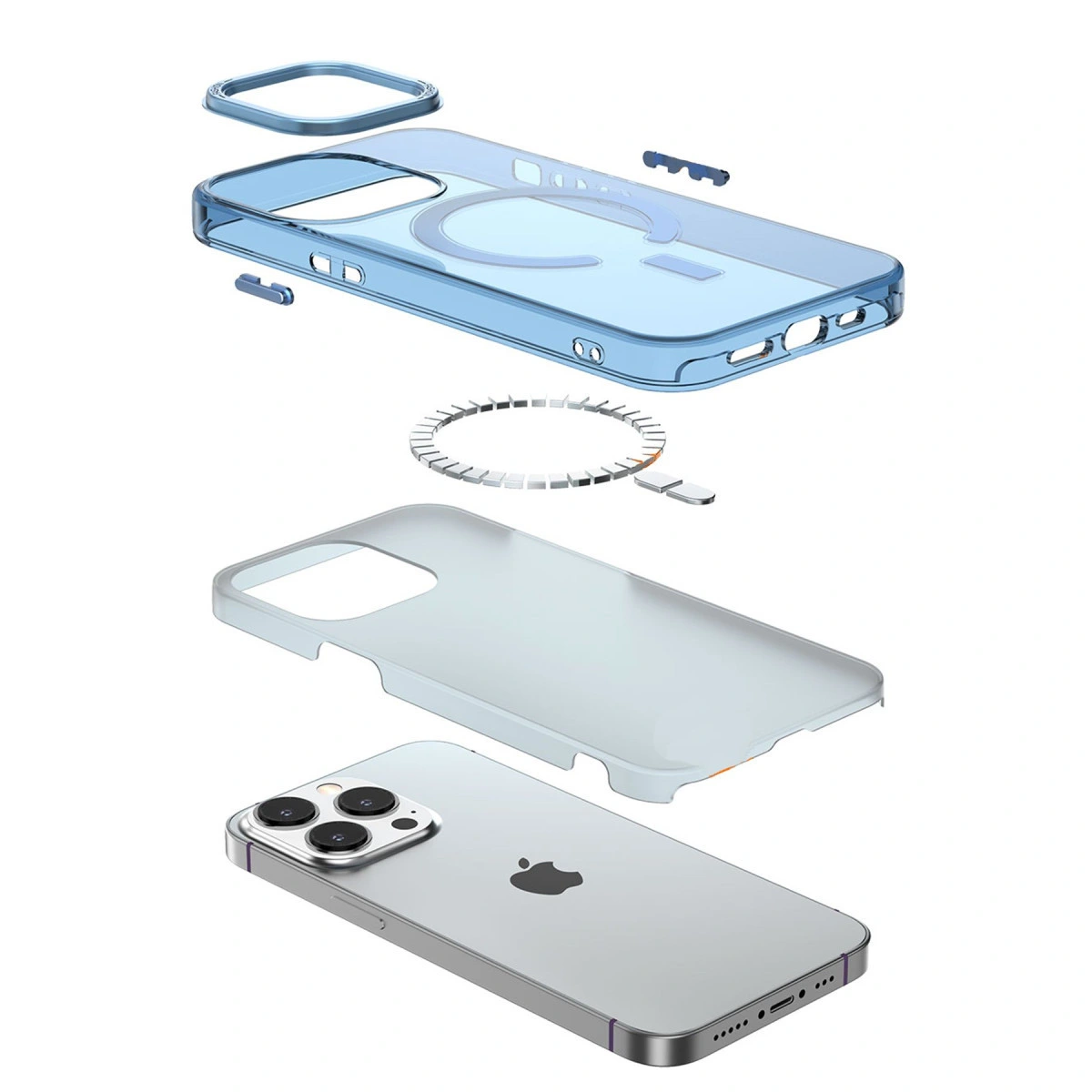 Mıknatıslı halkalı mavi iPhone kılıfının ve gümüş iPhone'un patlatılmış görünümü.