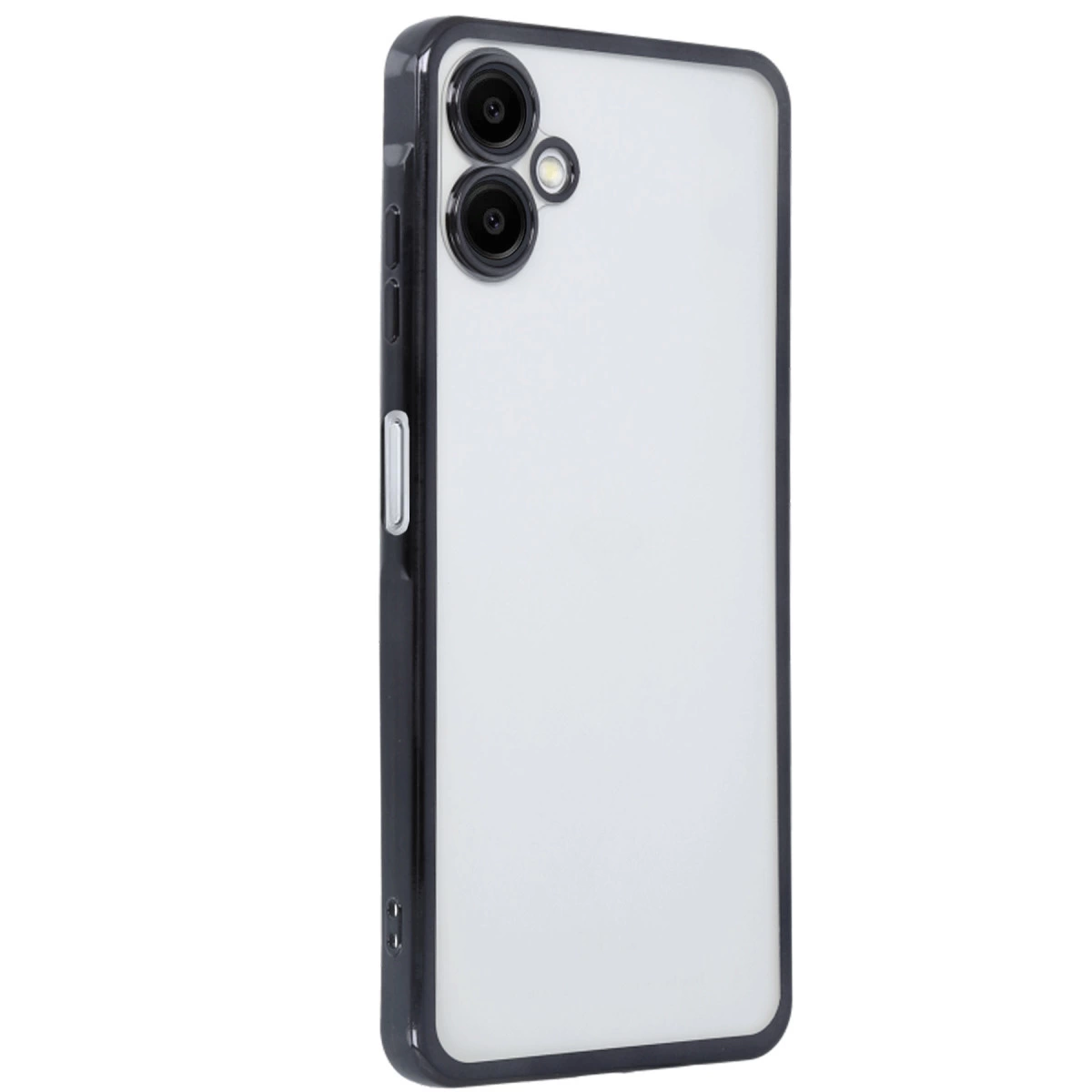 Şeffaf arka ve kamera modülüne sahip siyah telefon kılıfı.