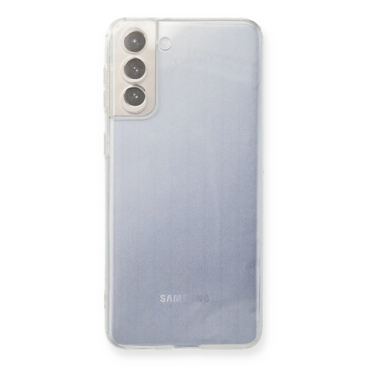 Üç kameralı ve Samsung logosu bulunan şeffaf telefon kılıfı.