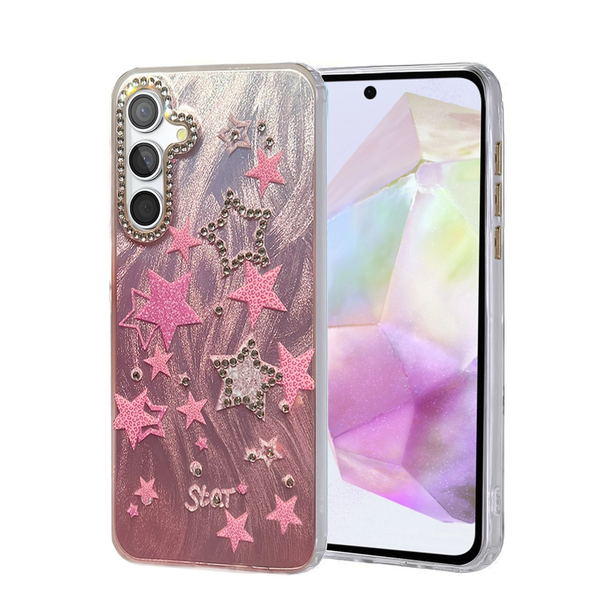Yıldızlar ve simlerle süslü pembe telefon kılıfı, telefonun yanında.
