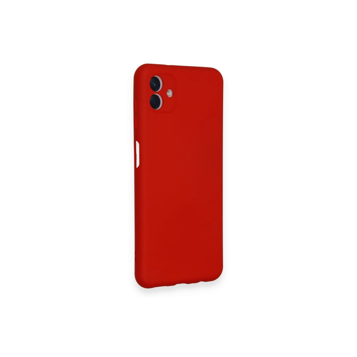 Kamera kesimli kırmızı telefon kılıfı, beyaz arka plan üzerinde.