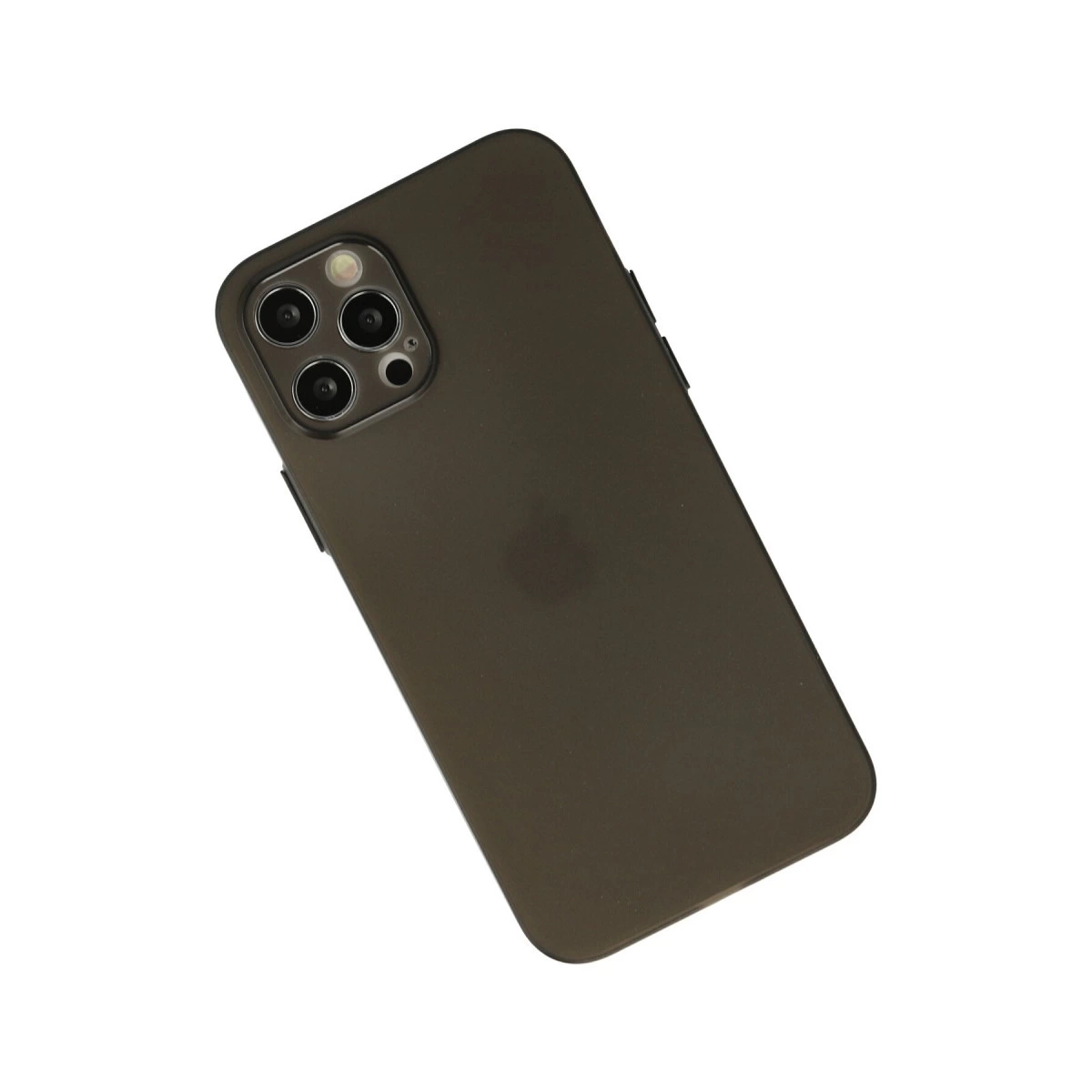 Dörtlü kamera ve Apple logosuna sahip koyu kahverengi telefon. Beyaz arka plan.