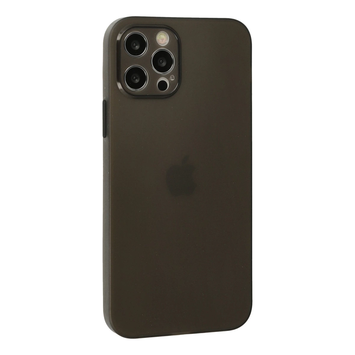 Dörtlü kamera ve Apple logosuna sahip koyu gri telefon kılıfı.