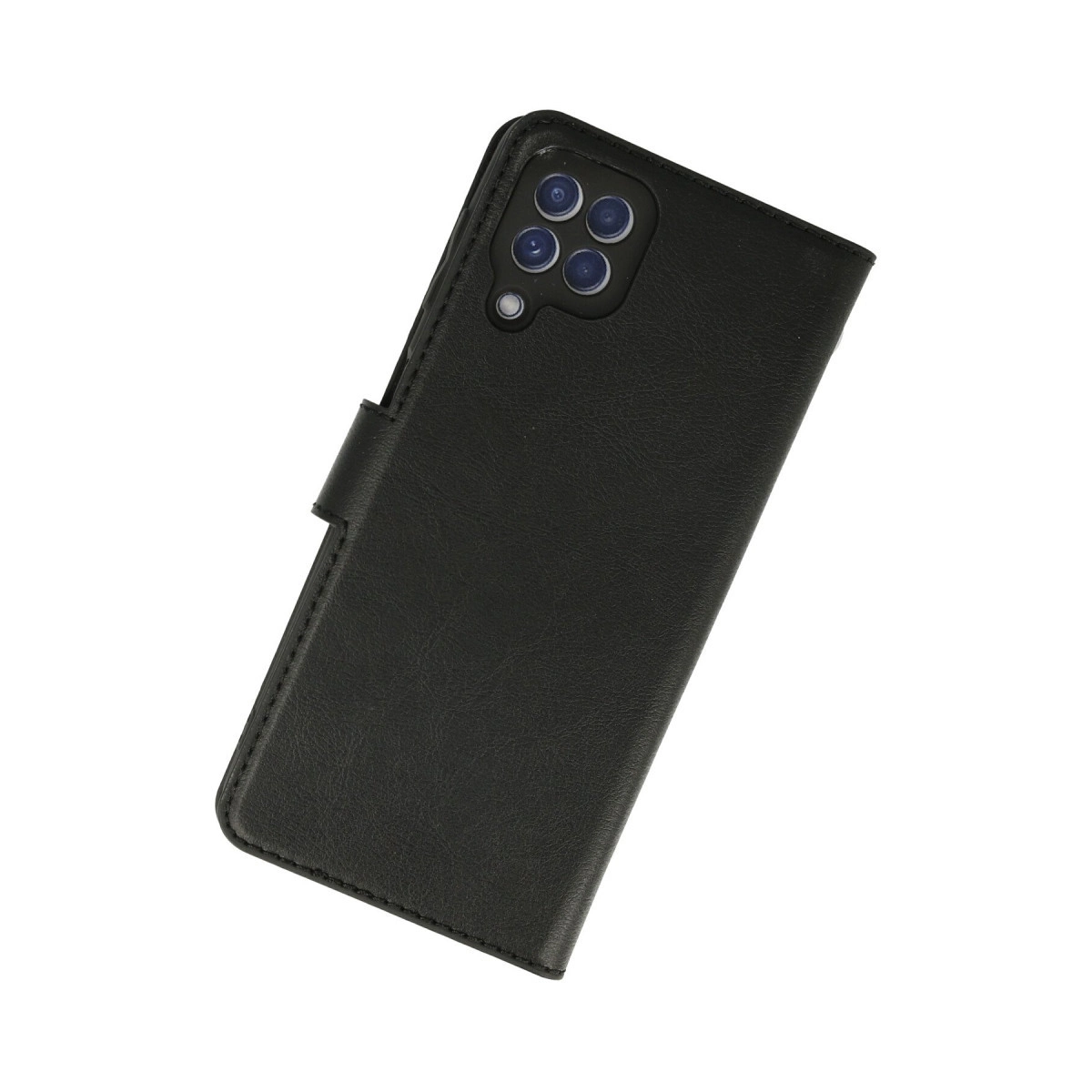 Arkada dört kamera lensi bulunan siyah telefon kılıfı.
