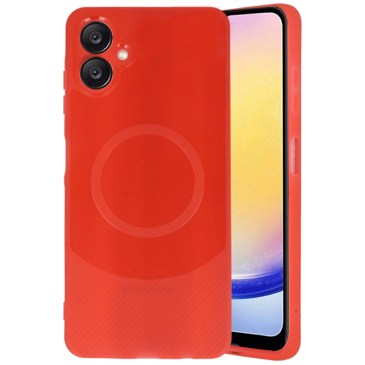 Telefonun yanında dairesel desenli kırmızı telefon kılıfı.