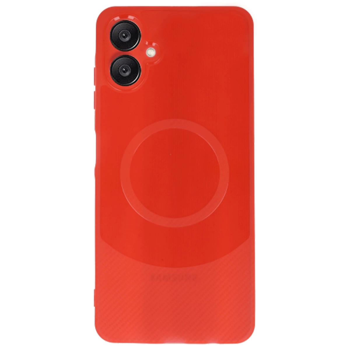 İki lensli ve dairesel amblemli kırmızı telefon kılıfı.