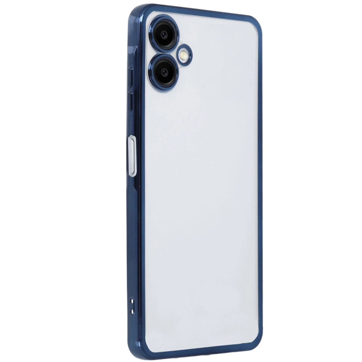 Üstte iki kamera lensli, mavi çerçeveli şeffaf telefon kılıfı.