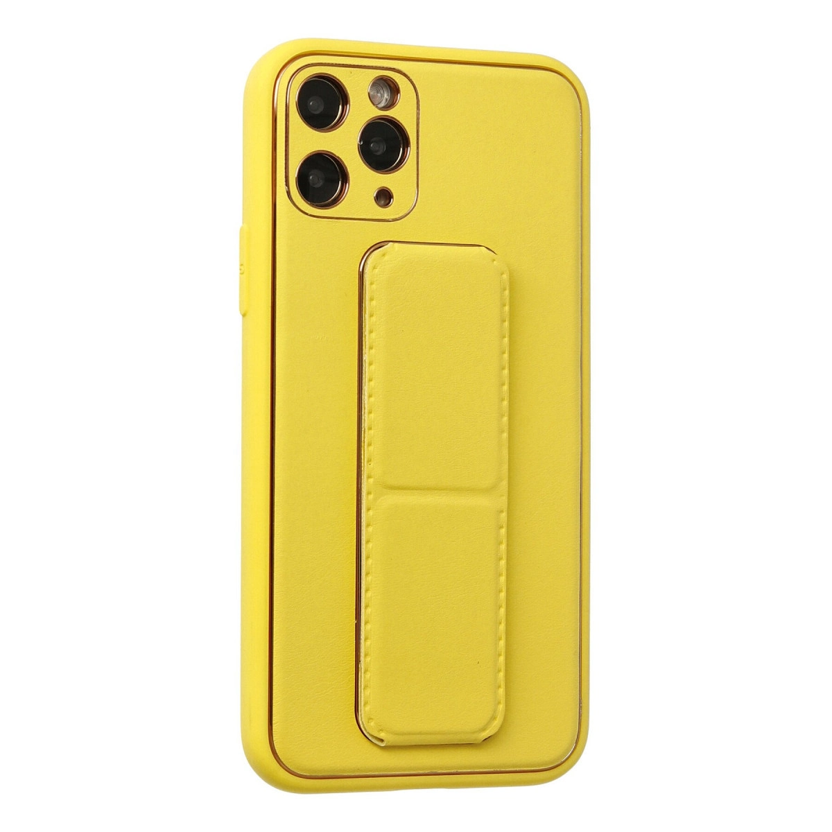Kamera modülü ve entegre tutamağı olan sarı telefon kılıfı.