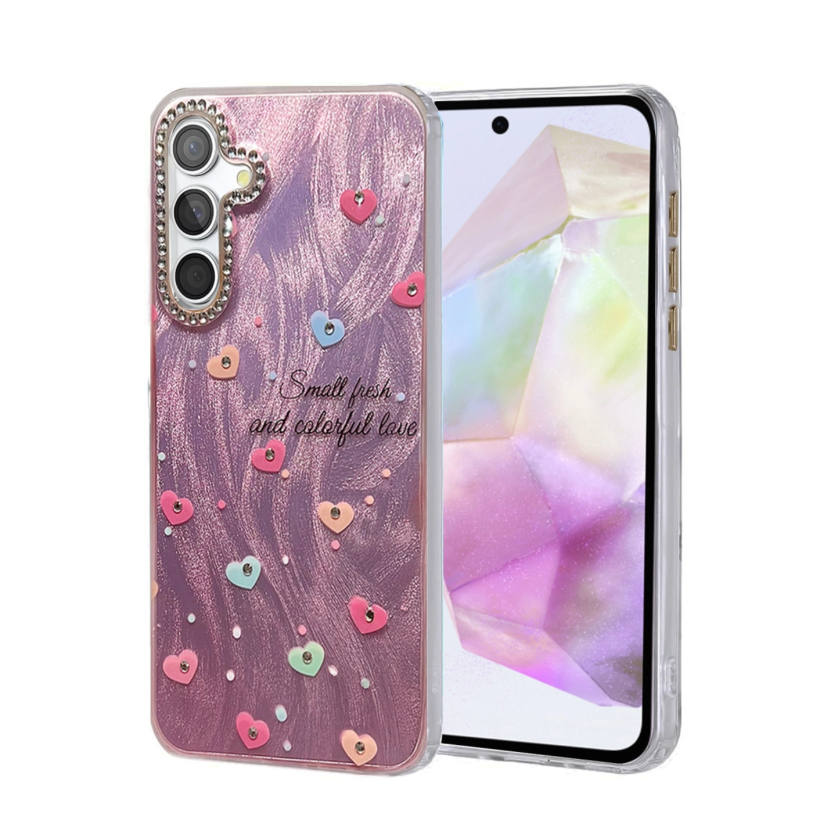 Kalpli ve simli mor telefon kılıfı. Metin: Small fresh and colorful love.