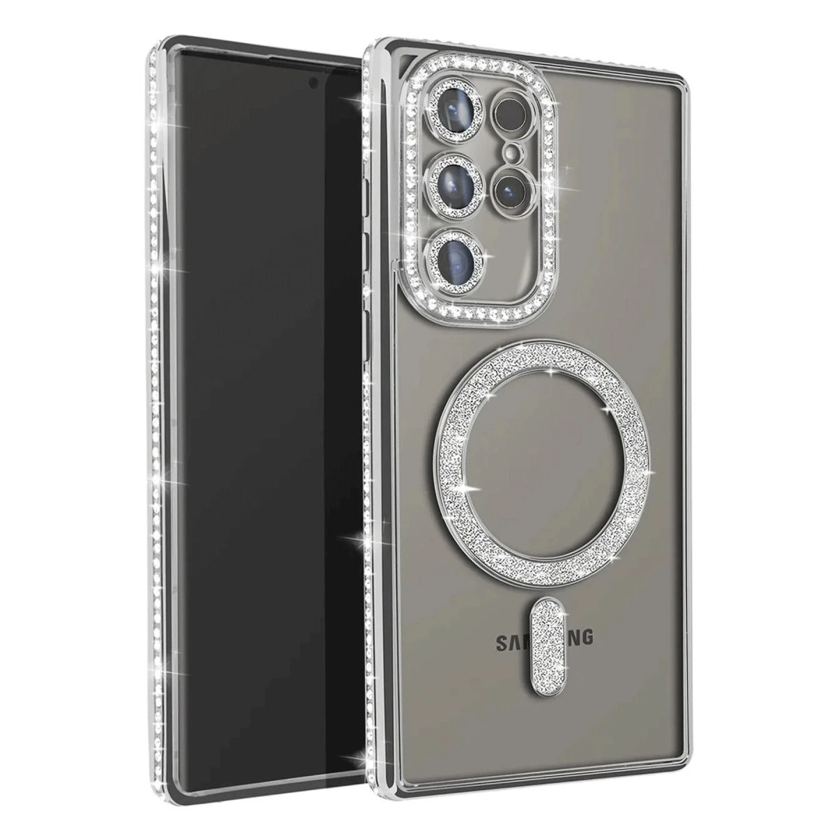 Kameralı ve halkalı, parlak kılıflı bir Samsung telefon.