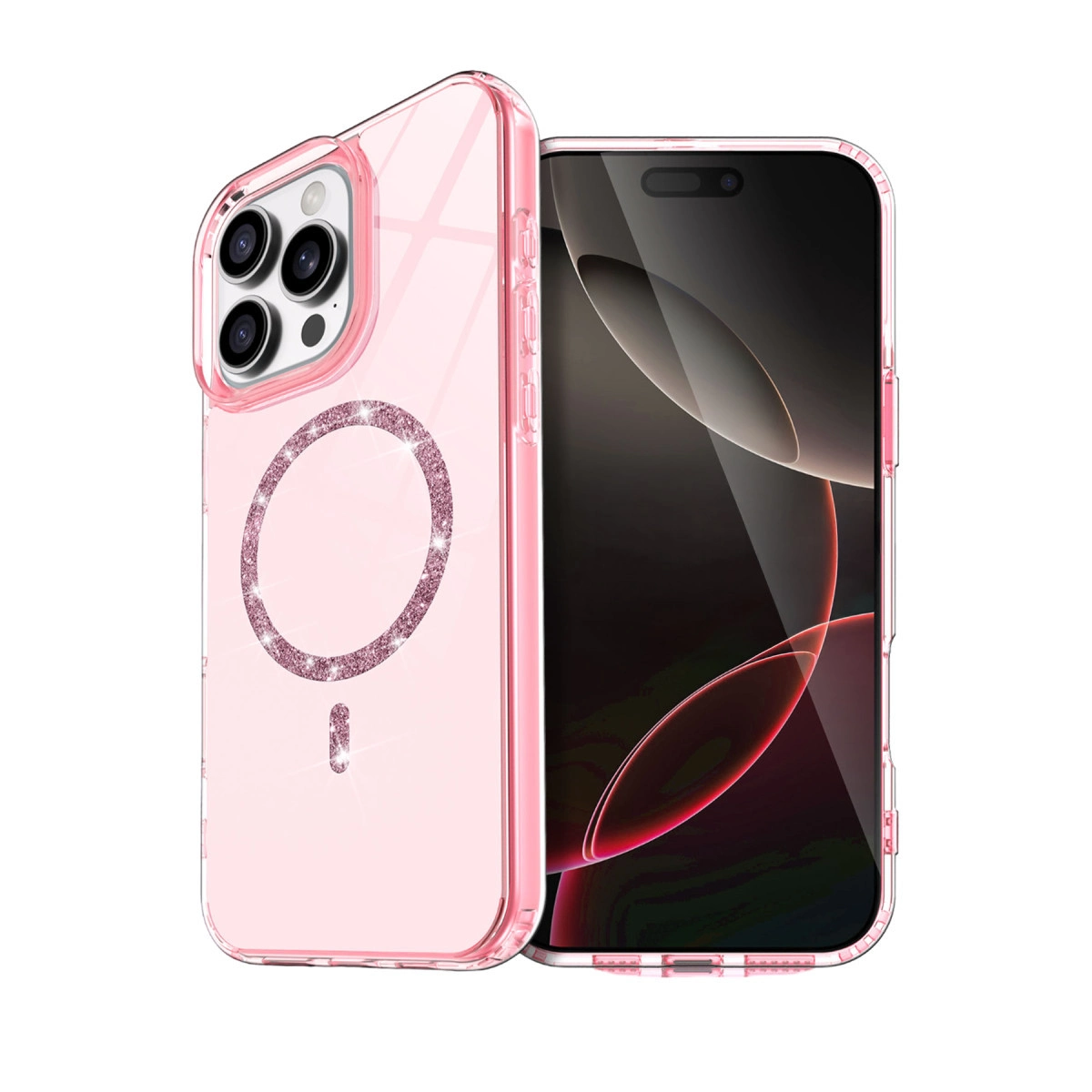 Simli halkalı şeffaf pembe telefon kılıfı ve bir telefon.