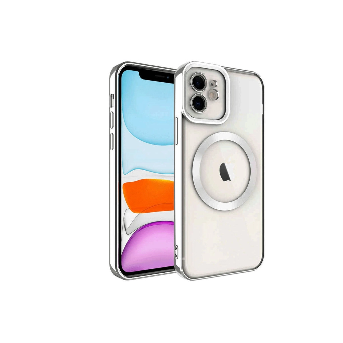 Gümüş kenarlı ve Apple logolu şeffaf iPhone kılıfı.
