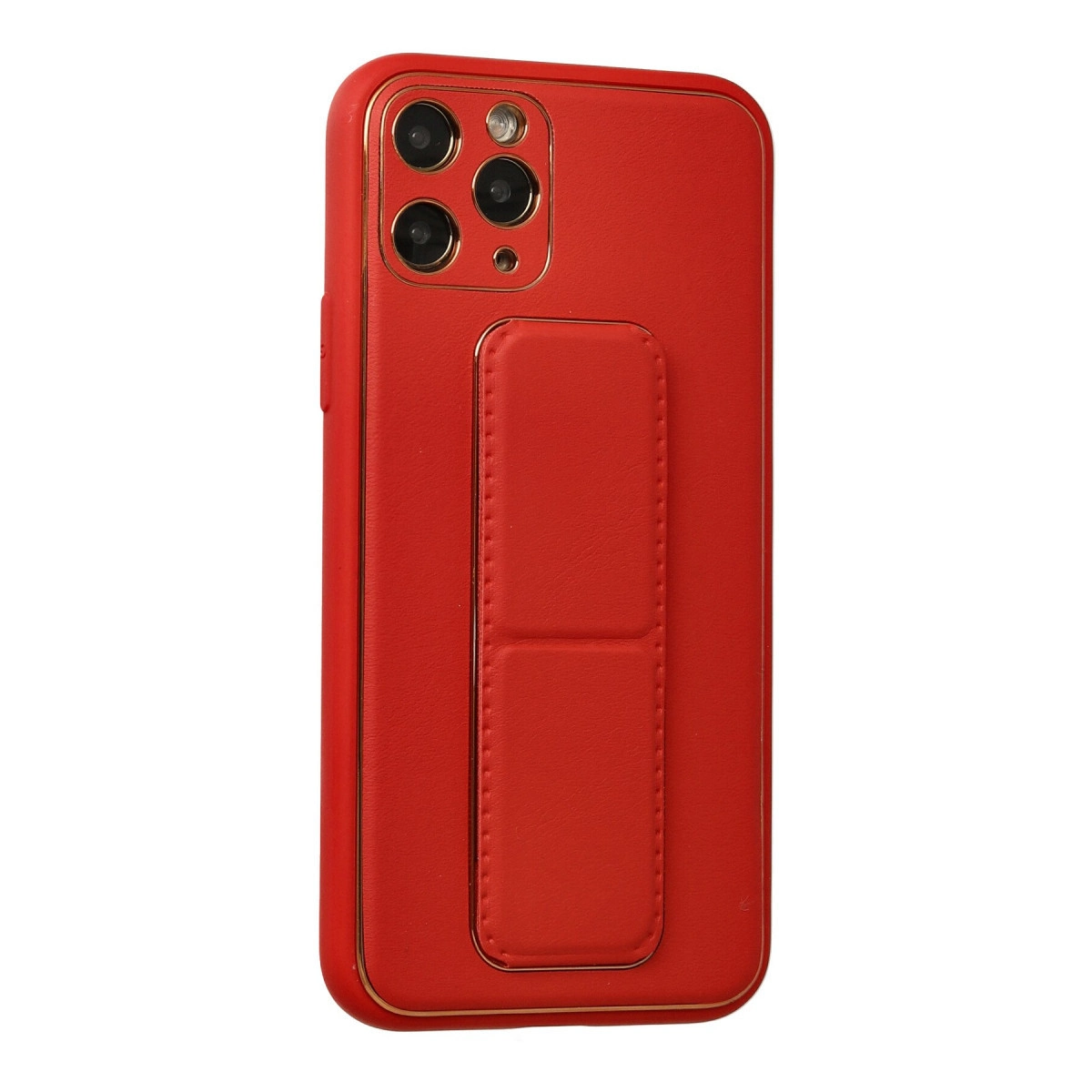 Altın kenarlı ve entegre tutamaklı kırmızı telefon kılıfı. Üç kamera lensi.