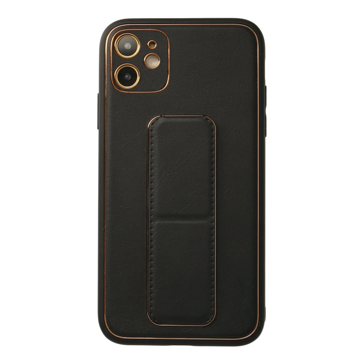 Kamera çıkıntılı, entegre tutma bandlı siyah telefon kılıfı.