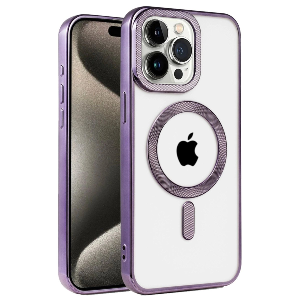 Şeffaf arkalı ve Apple logolu mor iPhone kılıfı.