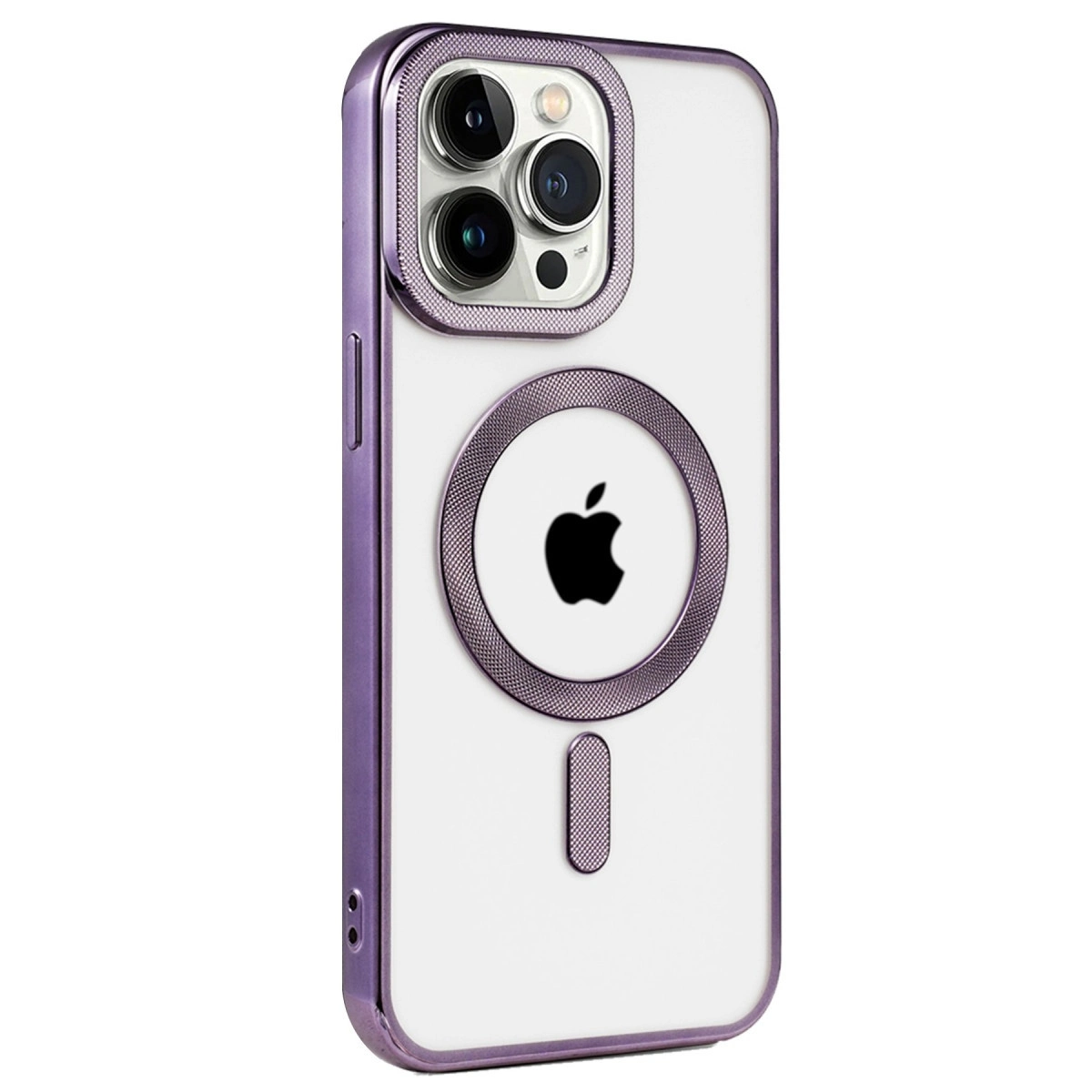 Kameralı ve Apple logolu mor iPhone kılıfı.