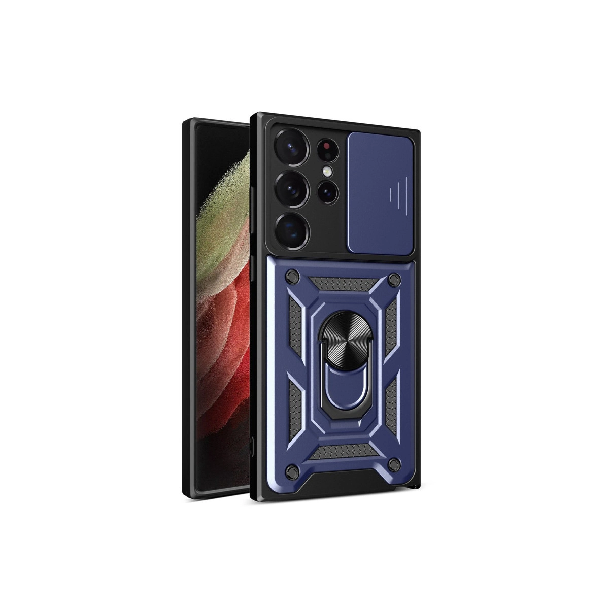 Akıllı telefonda halka tutuculu ve kamera çerçeveli mavi telefon kılıfı.