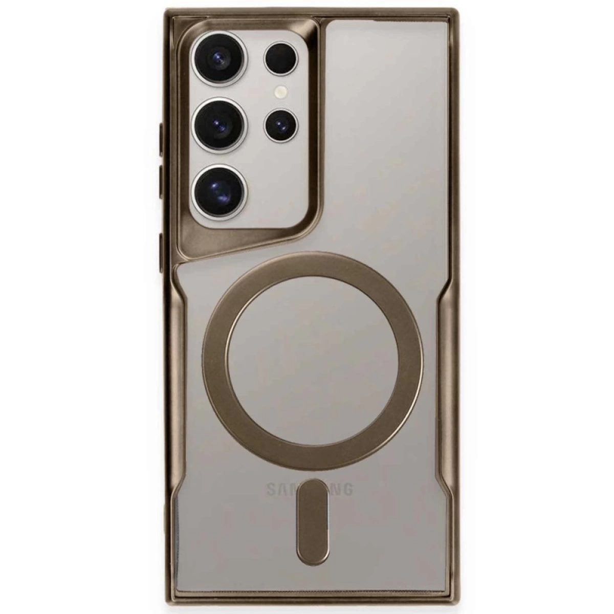 Dört kameralı ve manyetik halkalı kahverengi telefon kılıfı.