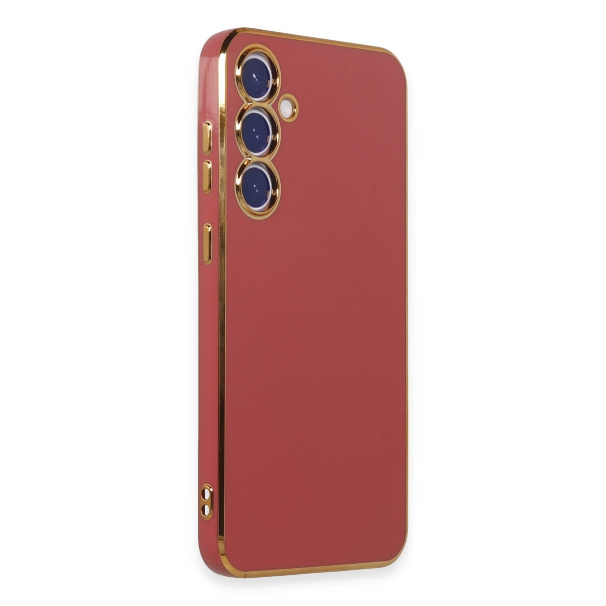 Altın kenarlı kırmızı telefon kılıfı ve kamera lensi kesiği.