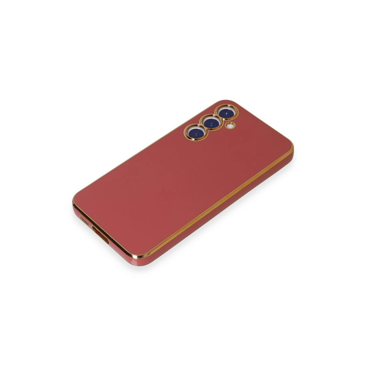 Üç kameralı kırmızı akıllı telefon, altın kenarlı, beyaz arka planda.