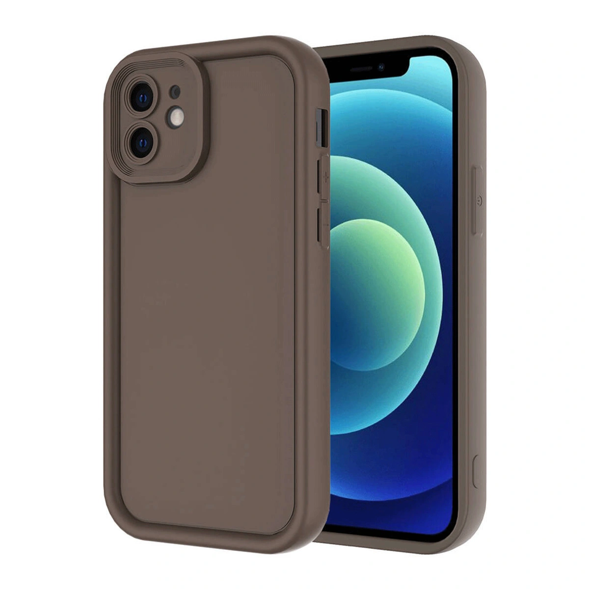 Beyaz arka plan üzerinde iki kameralı kahverengi telefon kılıfı.