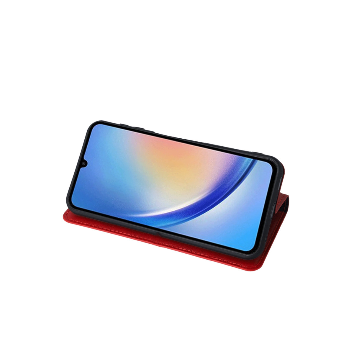 Renkli bir ekran gösteren akıllı telefonu tutan kırmızı telefon kılıfı.