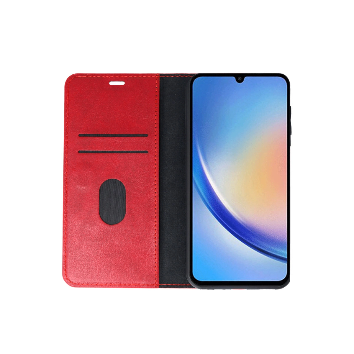Siyah ek parçalı kırmızı telefon kılıfı ve akıllı telefon.