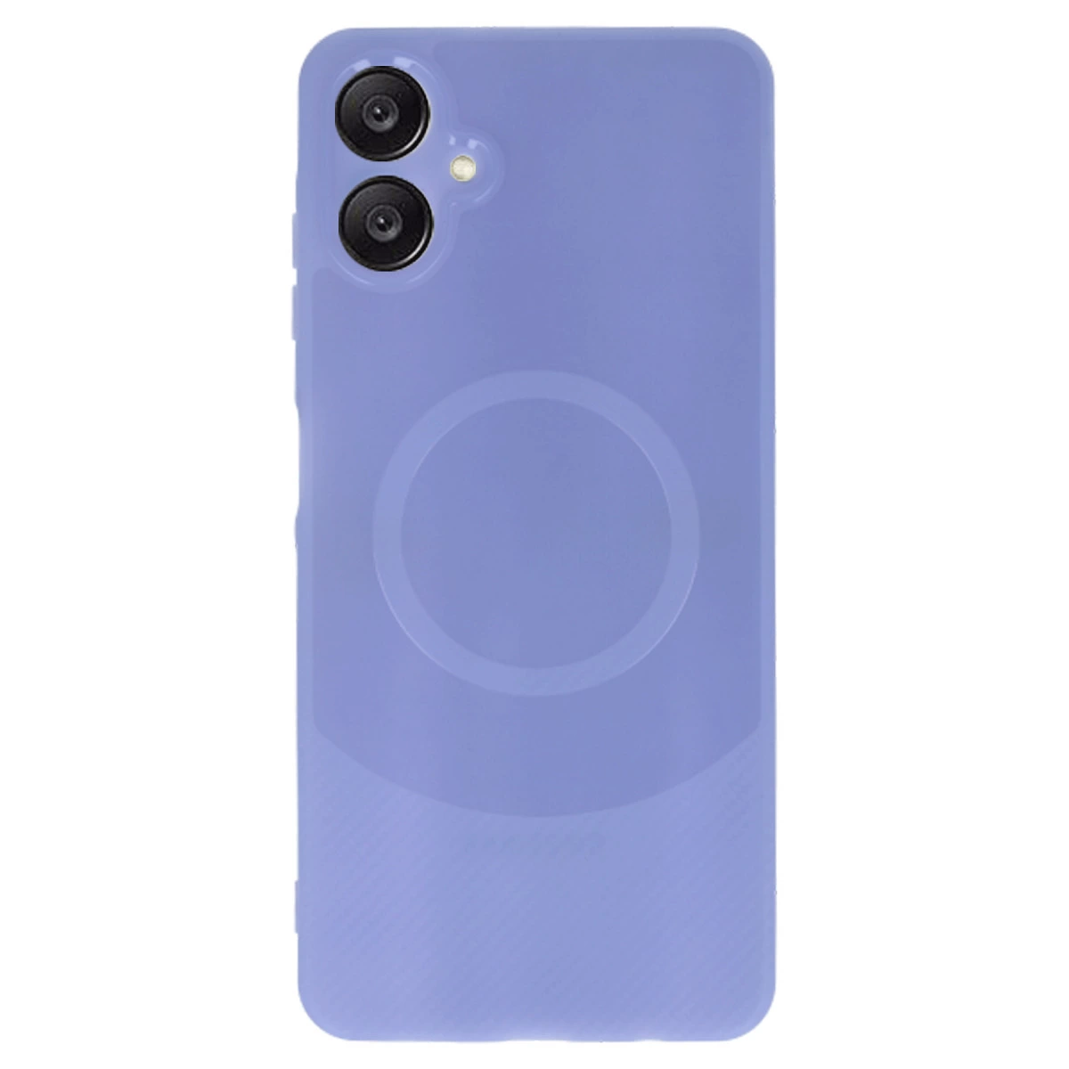 Arkada iki kamera ve dairesel tasarıma sahip mor telefon kılıfı.