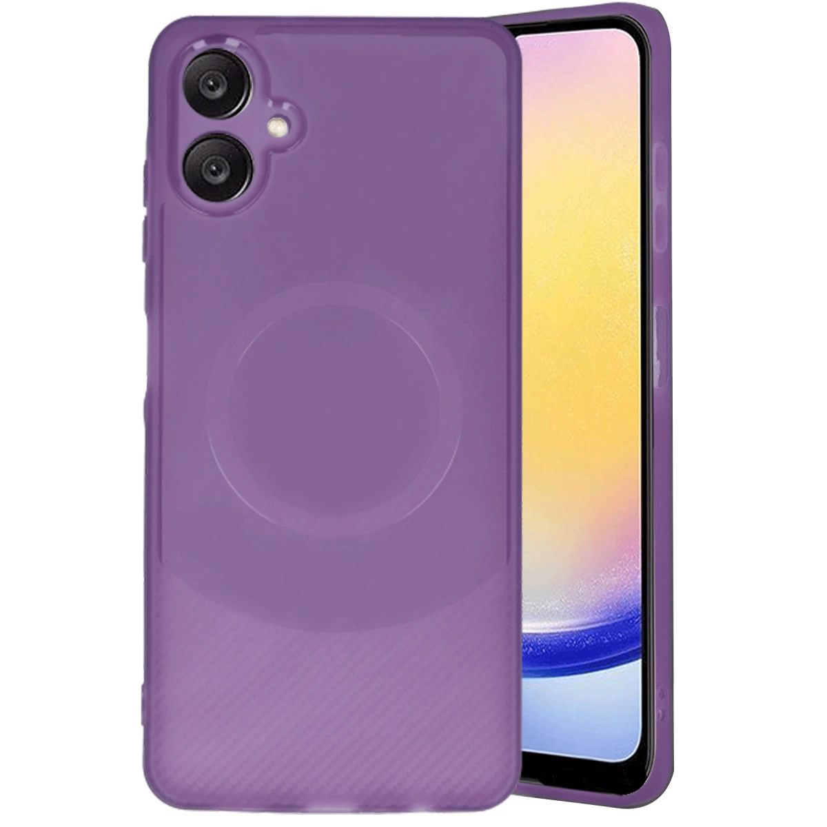 İki kameralı ve dairesel halkalı mor telefon kılıfı.