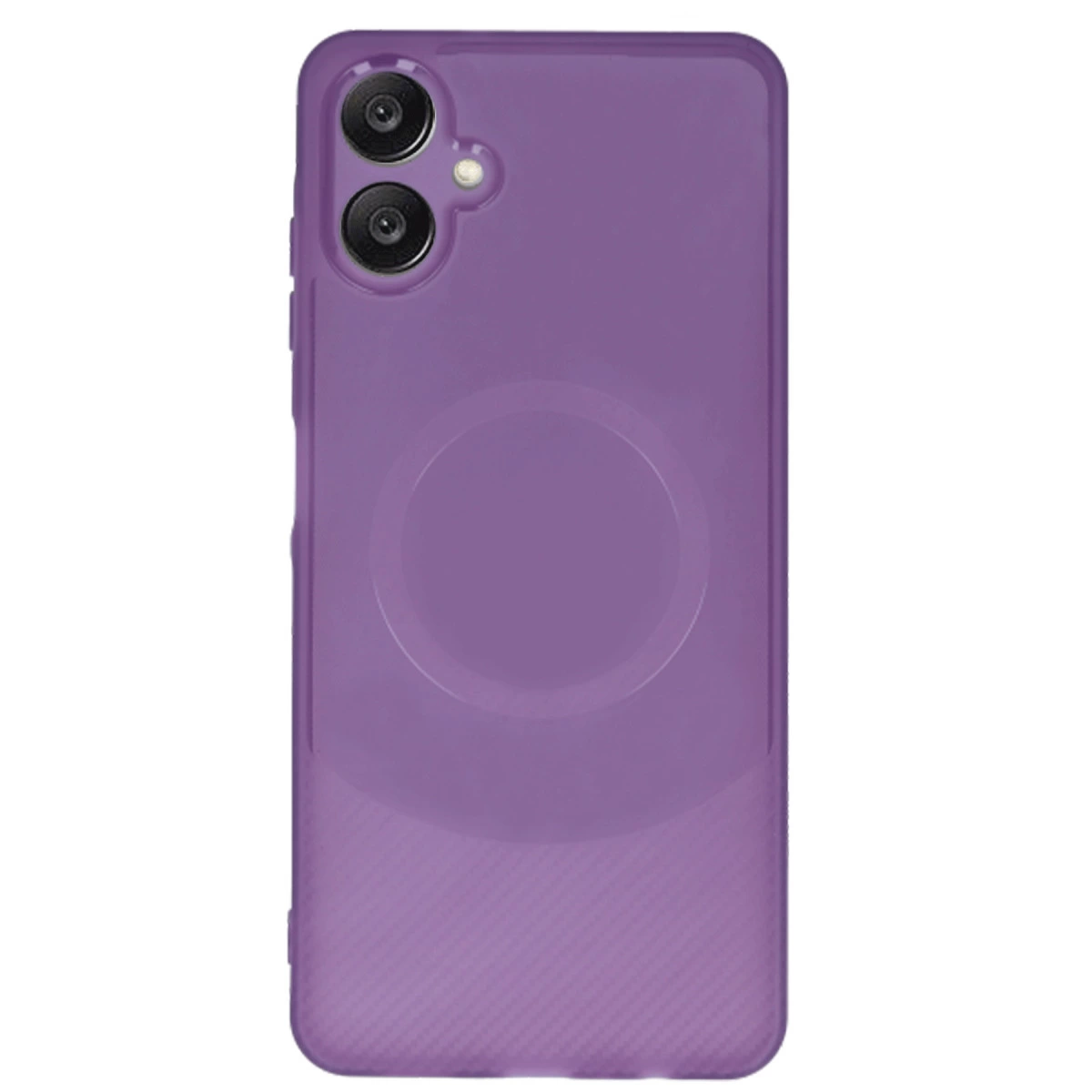 Arkada iki kamera lensi ve dairesel halkası olan mor telefon kılıfı.
