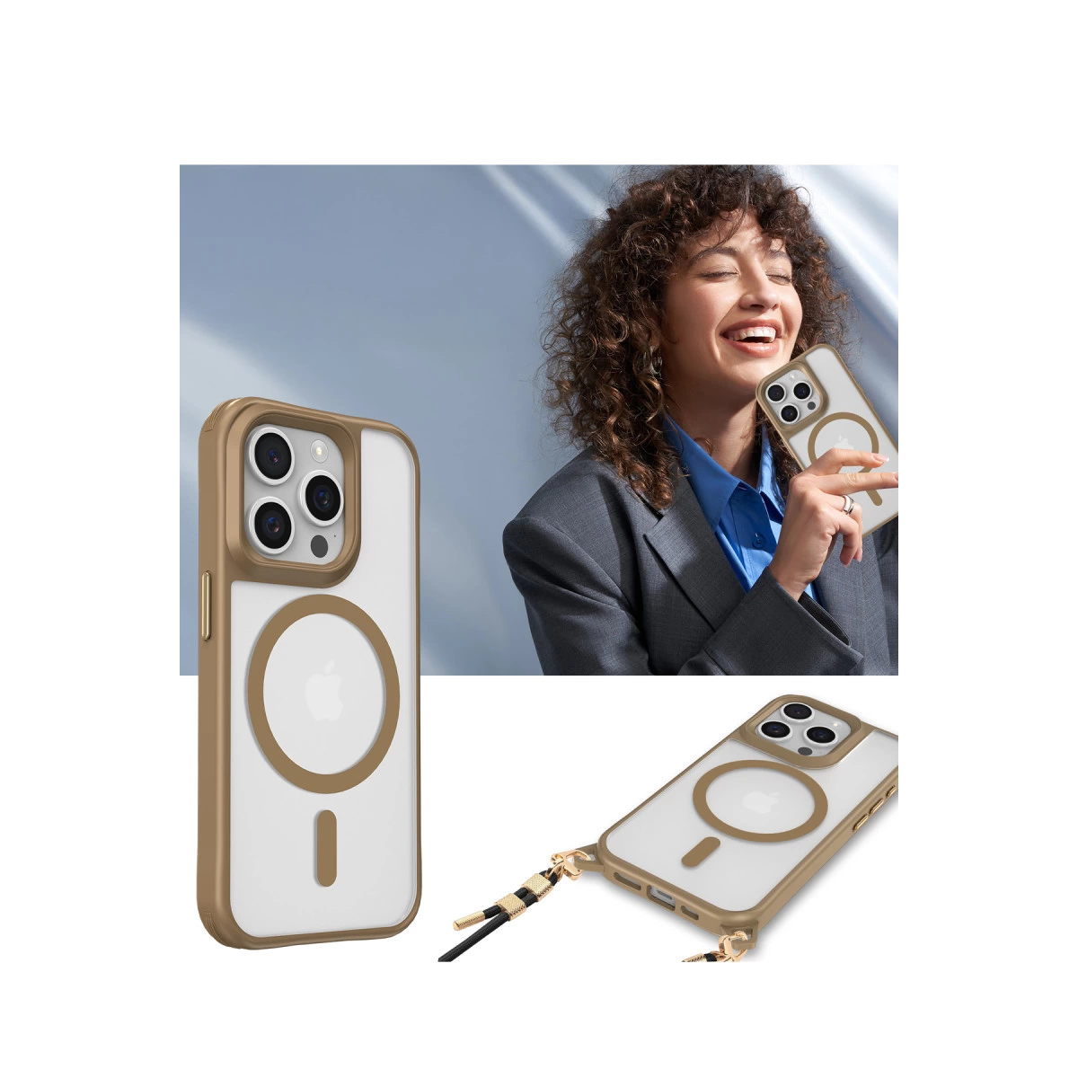 Kıvırcık saçlı kadın, MagSafe halkalı ve üç kameralı iPhone kılıfı tutuyor.