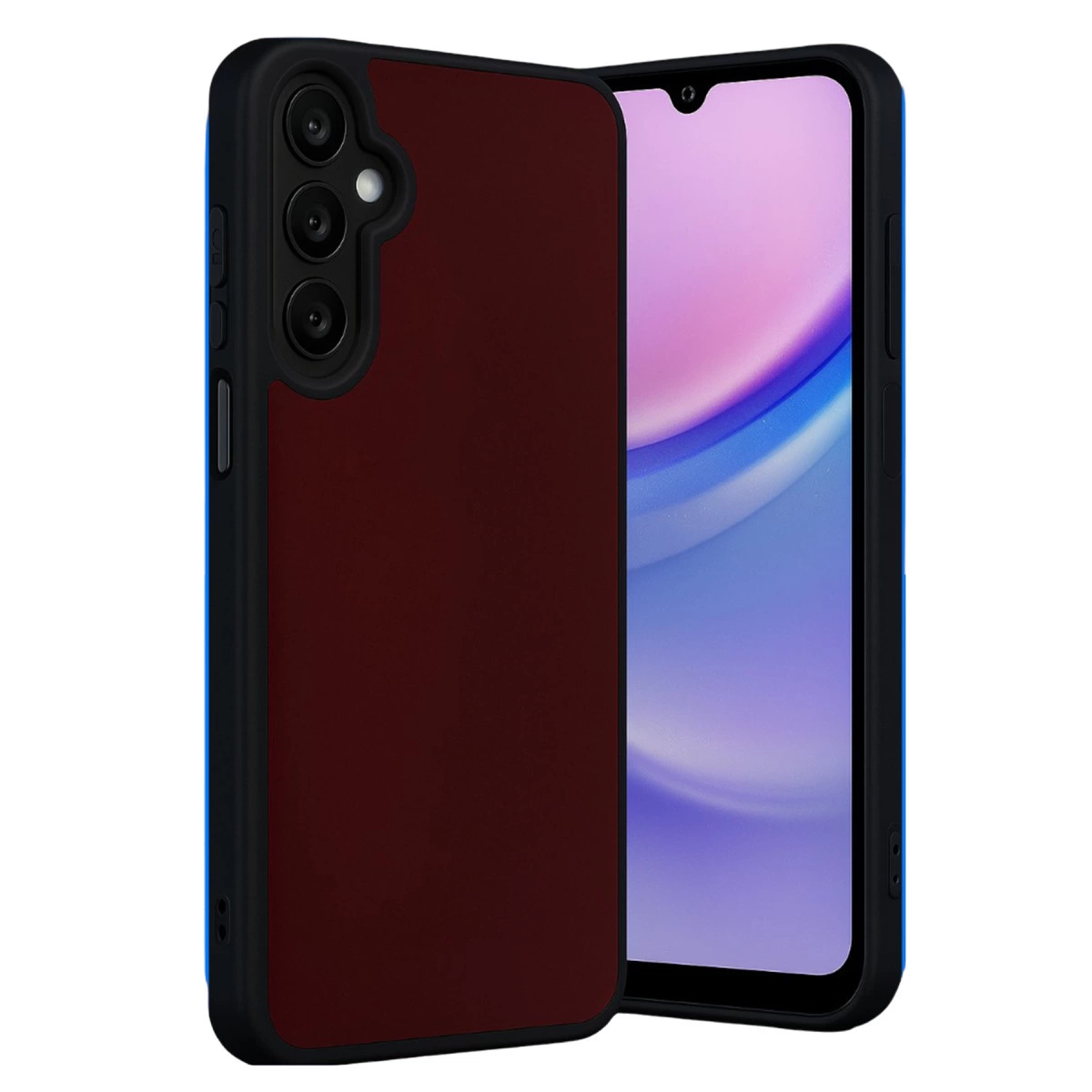 Siyah çerçeveli koyu kırmızı telefon kılıfı bir akıllı telefonun yanında.