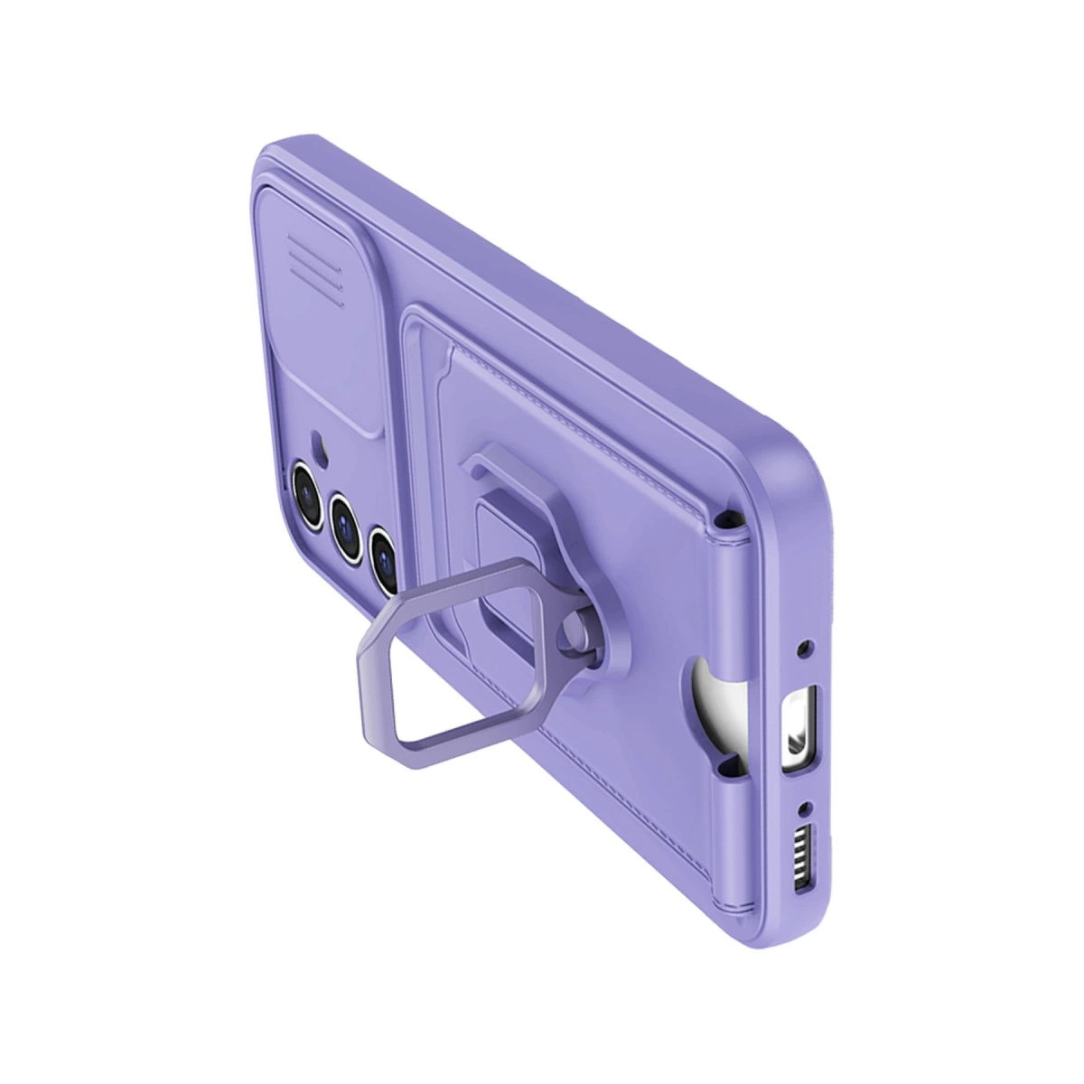 Halka tutuculu ve kamera kapaklı mor telefon kılıfı.