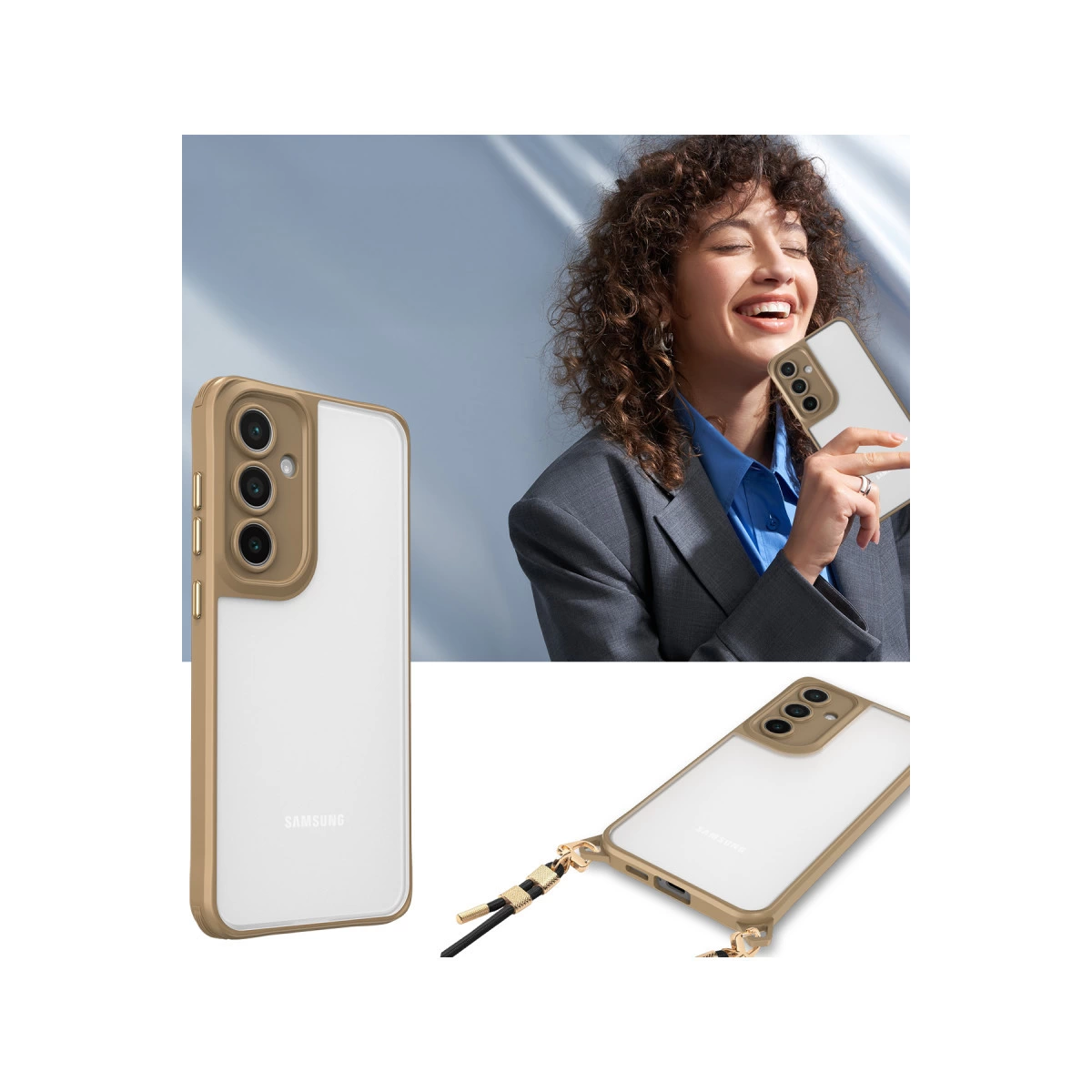 Kıvırcık saçlı kadın, altın çerçeveli şeffaf telefon kılıfı tutuyor.
