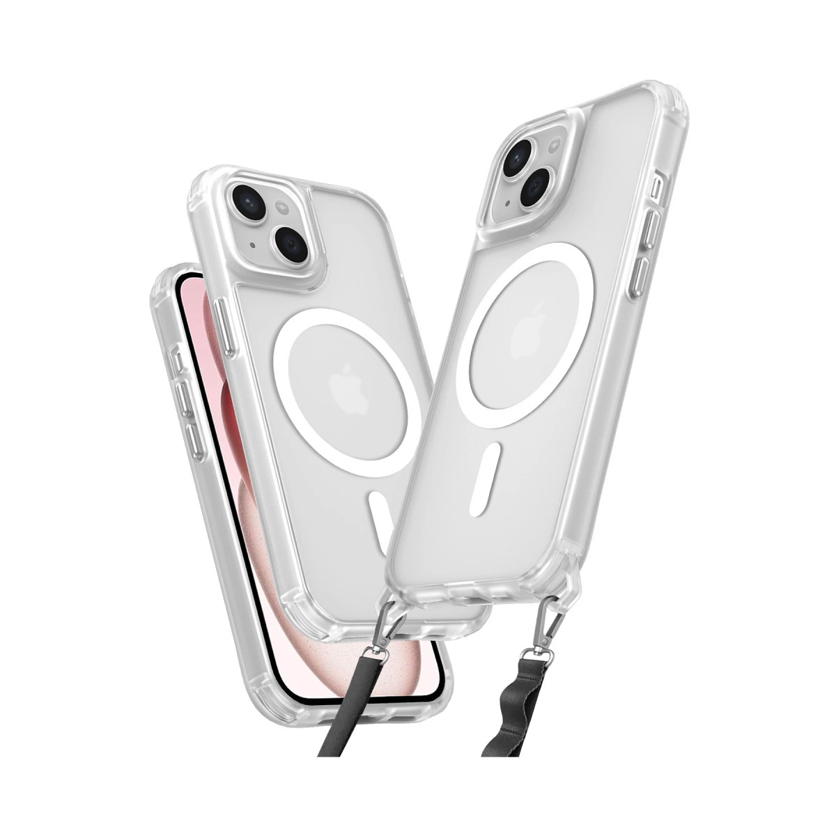 MagSafe halkalı ve kordonlu iki şeffaf iPhone kılıfı beyaz arka planda.