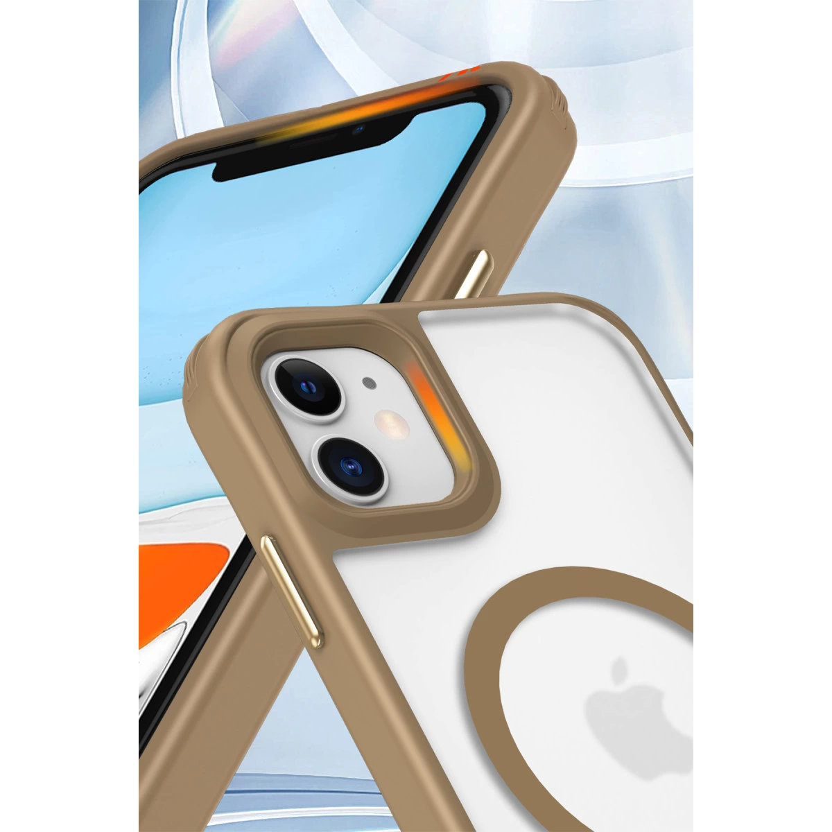 Kahverengi kılıflı iki iPhone. Biri kamerayı, diğeri Apple logosunu gösteriyor.